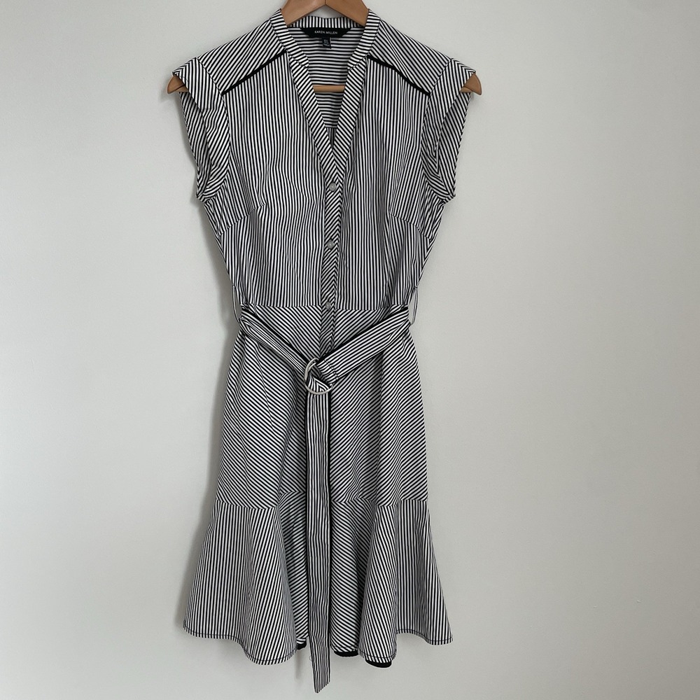Karen Millen Black White Stripe Cotton Dress‎ Belted Fit Flare US 2